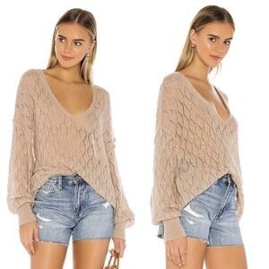 Free People Say Hello Open Stitch Oversized Sweater Womens Sz L Taupe